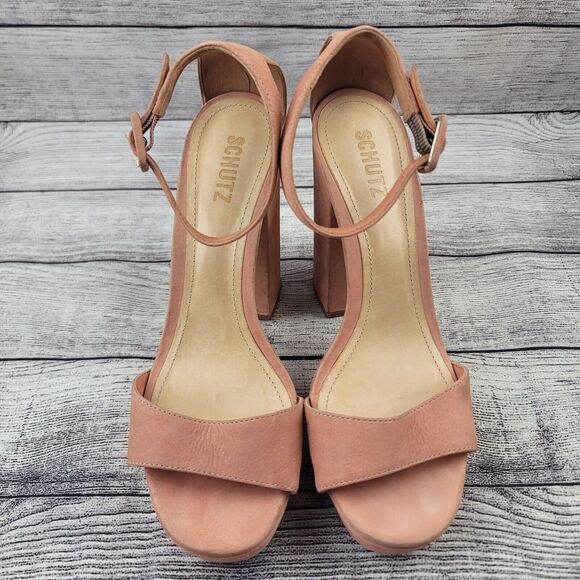 Schutz Women's Platform Block Heels Shoes Blush Suede Ankle Strap 8.5B - Picture 3 of 12